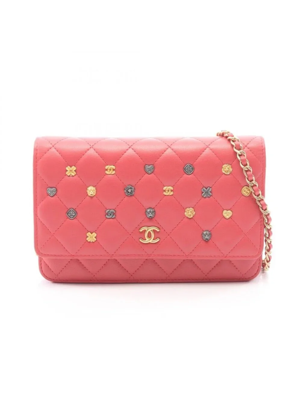 Chanel Shoulder Bag Quilted Icon Charm Pink Lambskin Chain Wallet